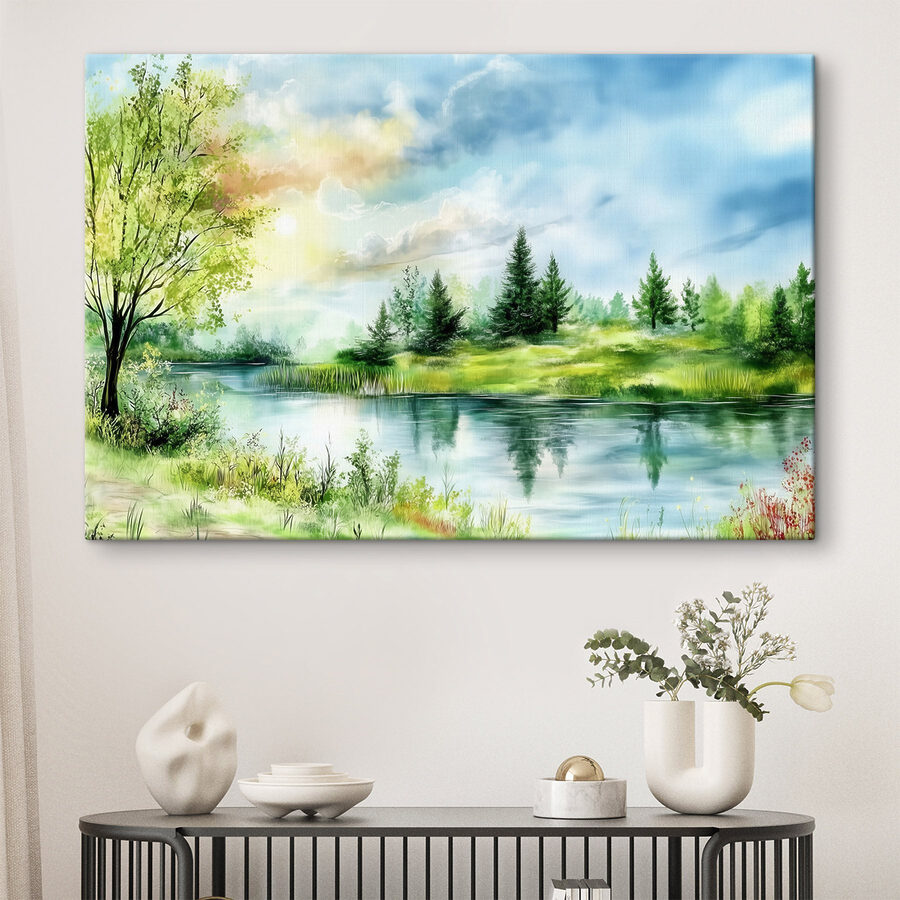 Aquarelle d'un lac avec des arbres et de l'herbe Aquarelle d'un lac avec des arbres et de l'herbe