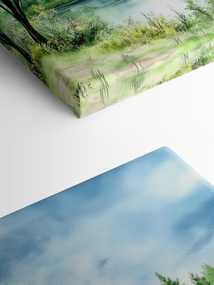 Aquarelle d'un lac avec des arbres et de l'herbe Aquarelle d'un lac avec des arbres et de l'herbe