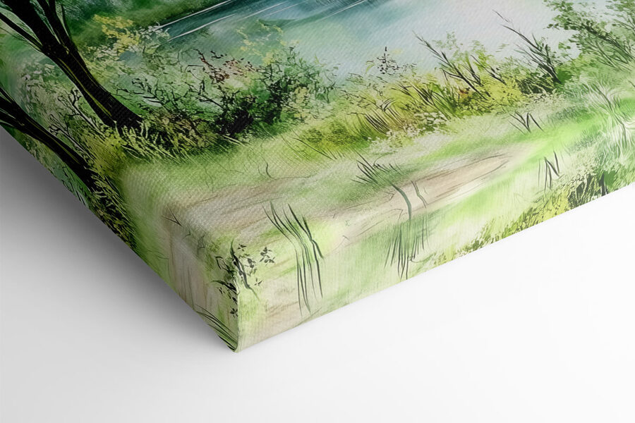 Aquarelle d'un lac avec des arbres et de l'herbe Aquarelle d'un lac avec des arbres et de l'herbe