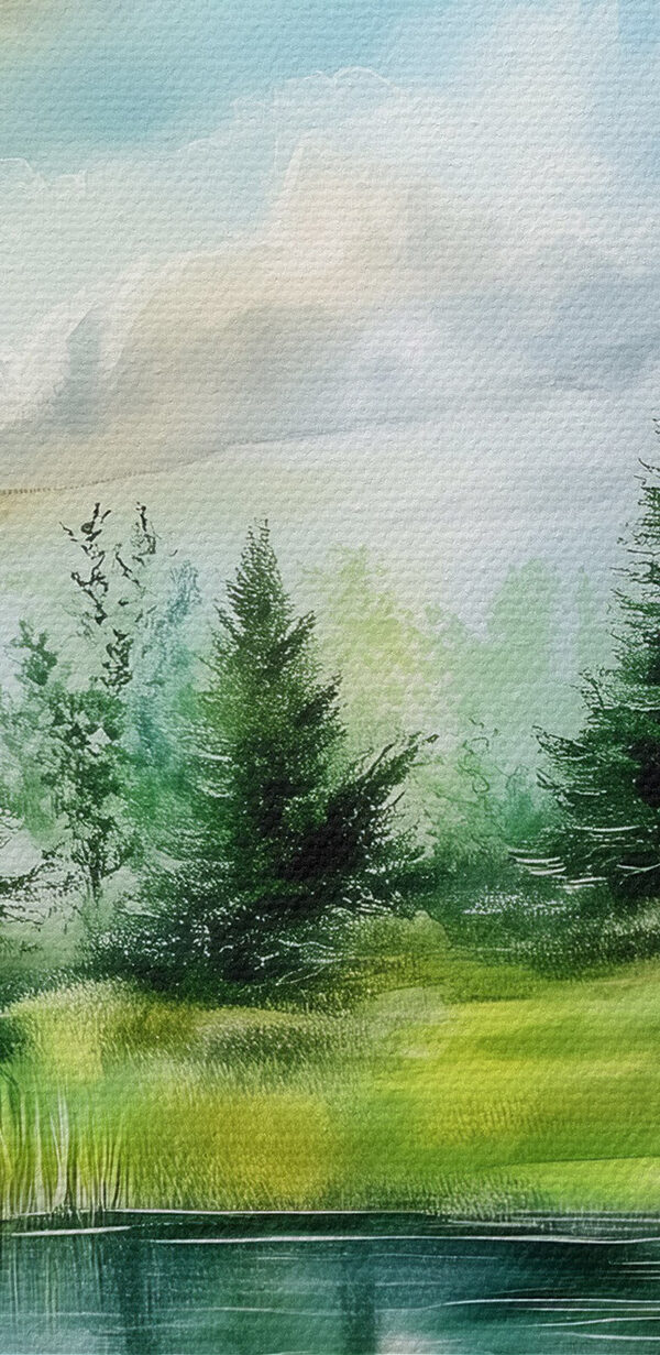 Aquarelle d'un lac avec des arbres et de l'herbe Aquarelle d'un lac avec des arbres et de l'herbe