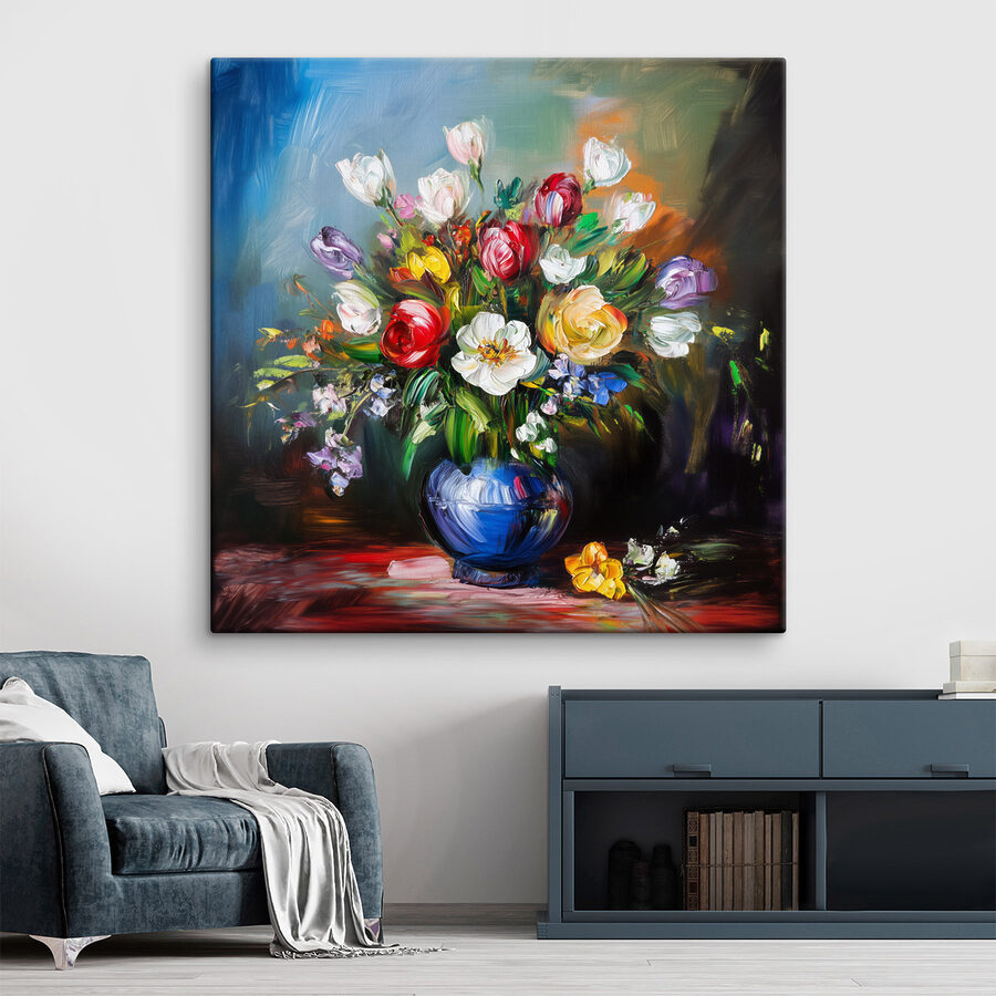Peinture de fleurs dans un vase bleu