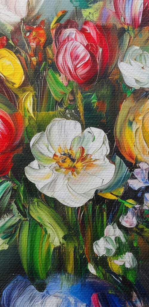 Painting of flowers in a blue vase