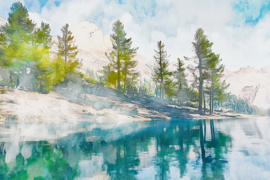Eau avec arbres et montagnes en arrière-plan