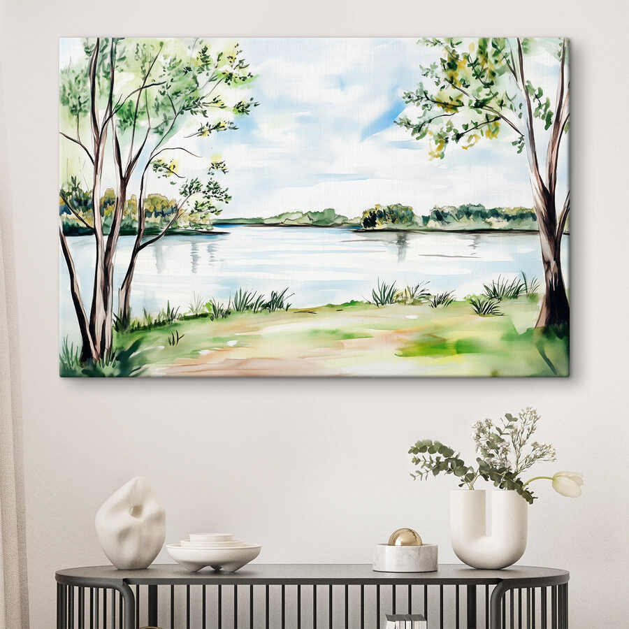 Aquarelle d'un lac avec des arbres et de l'herbe