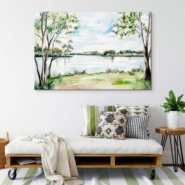 Aquarelle d'un lac avec des arbres et de l'herbe Aquarelle d'un lac avec des arbres et de l'herbe