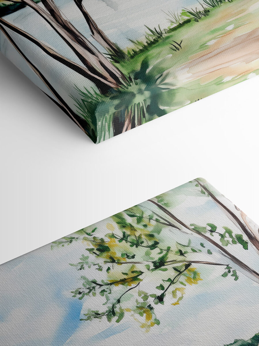 Aquarelle d'un lac avec des arbres et de l'herbe