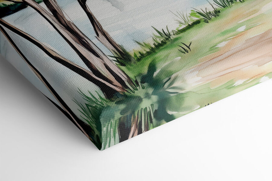 Aquarelle d'un lac avec des arbres et de l'herbe