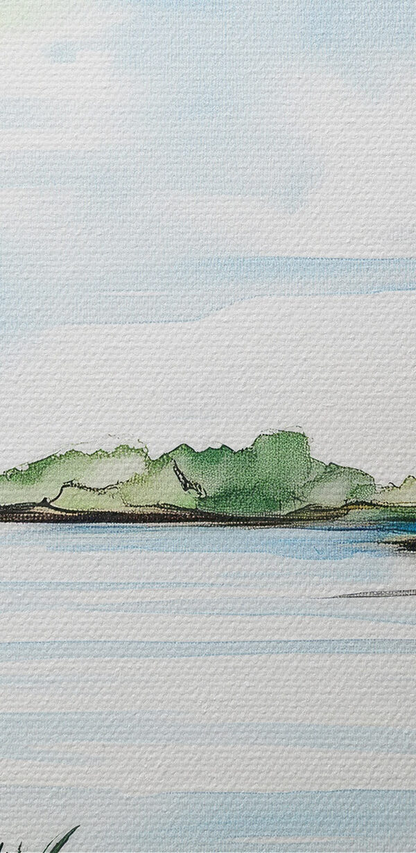 Aquarelle d'un lac avec des arbres et de l'herbe Aquarelle d'un lac avec des arbres et de l'herbe
