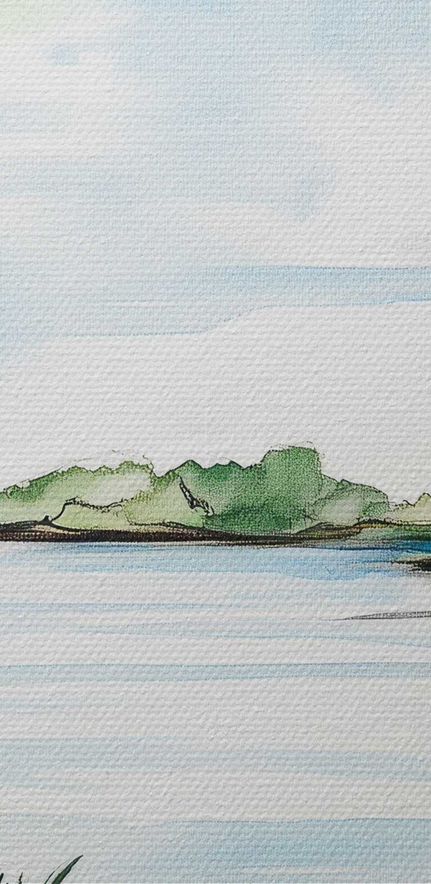 Aquarelle d'un lac avec des arbres et de l'herbe