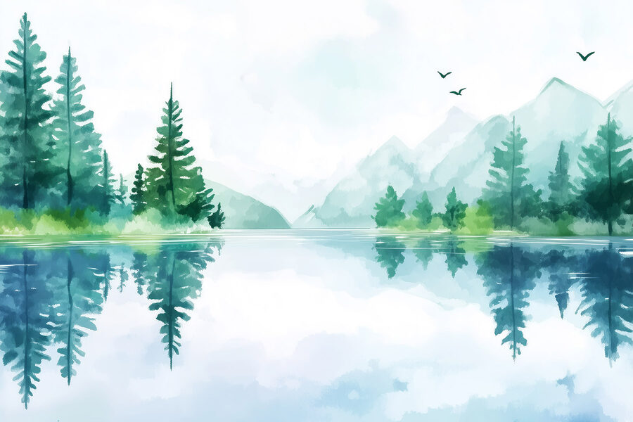Eau avec arbres et montagnes en arrière-plan Eau avec arbres et montagnes en arrière-plan