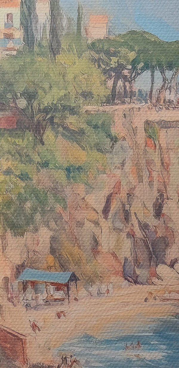 Peinture d'une ville sur une falaise au bord de l'eau Peinture d'une ville sur une falaise au bord de l'eau