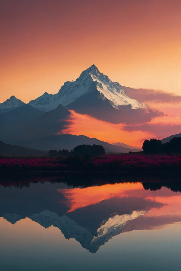 Chaîne de montagnes avec des fleurs et un lac Chaîne de montagnes avec des fleurs et un lac
