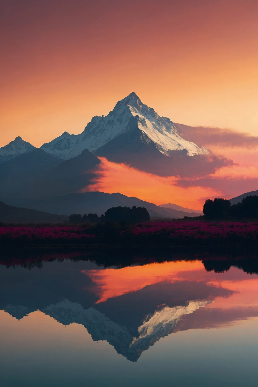 Chaîne de montagnes avec des fleurs et un lac