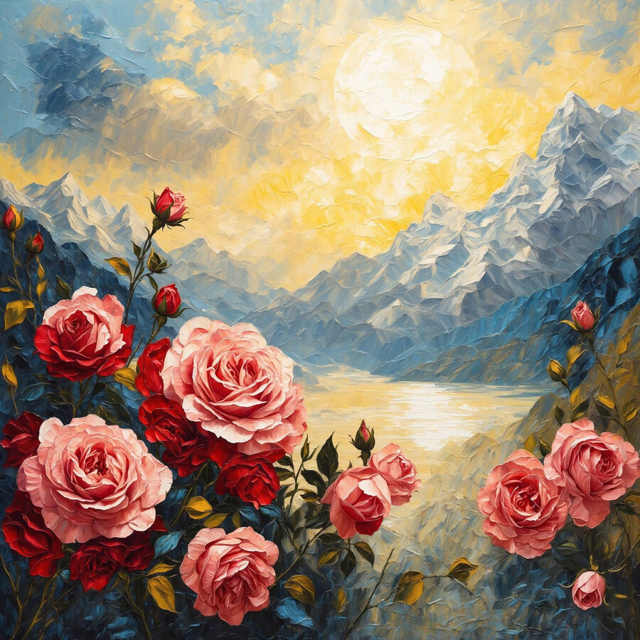 Peinture de fleurs et de montagnes