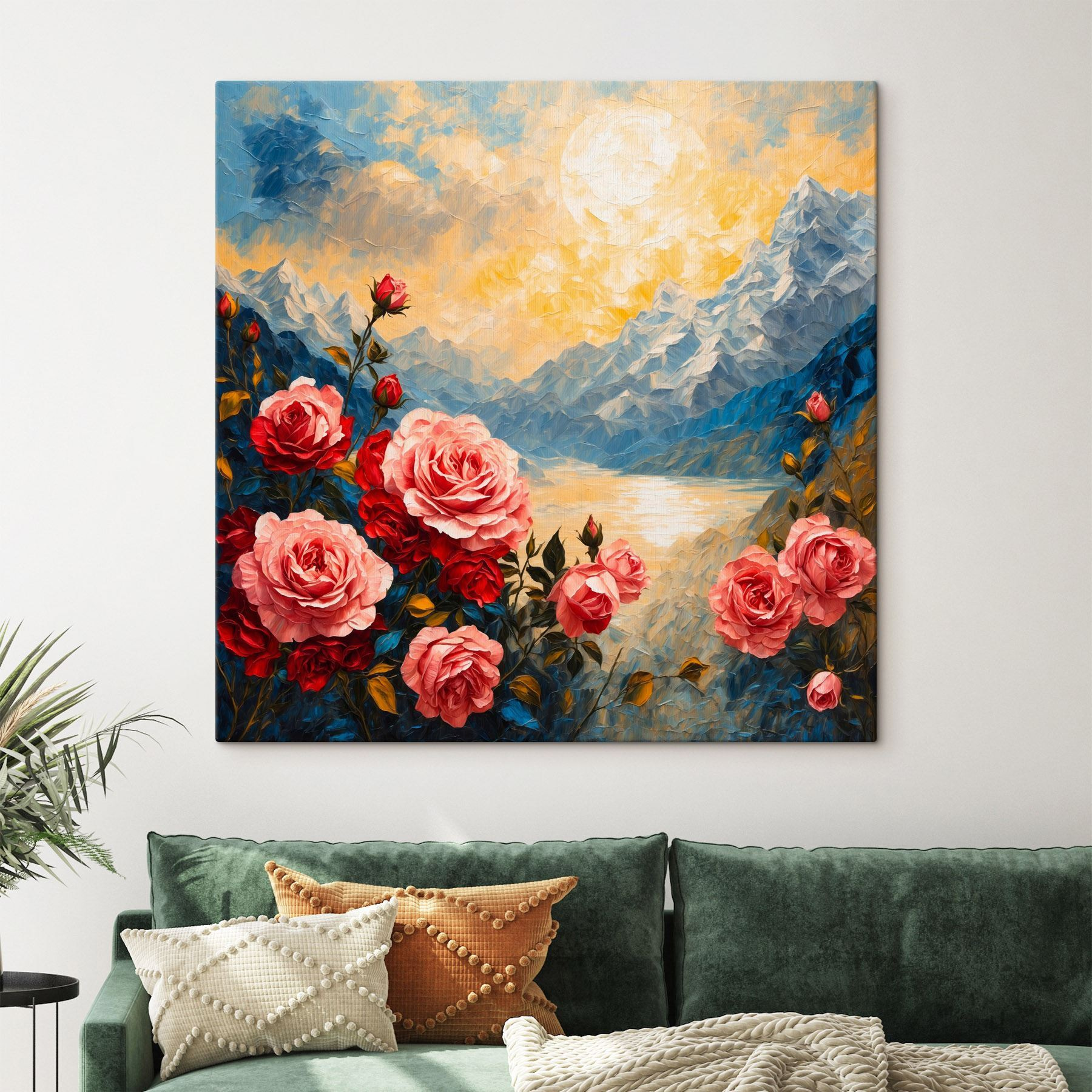 Painting of flowers and mountains