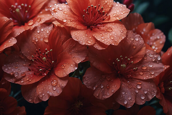 Group of red flowers with water droplets