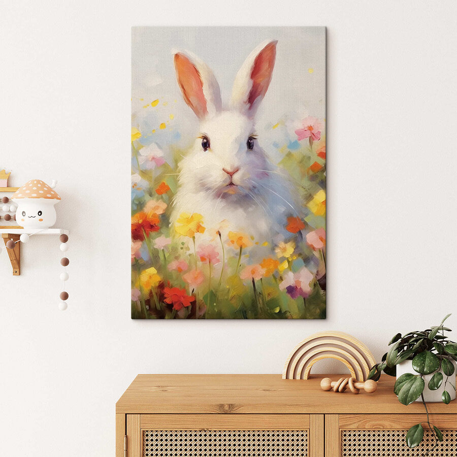 Lapin blanc dans un champ de fleurs