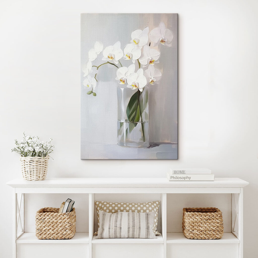 Painting of a white orchid in a glass vase