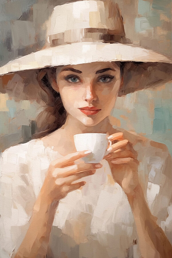 Femme portant un chapeau et tenant une tasse Femme portant un chapeau et tenant une tasse