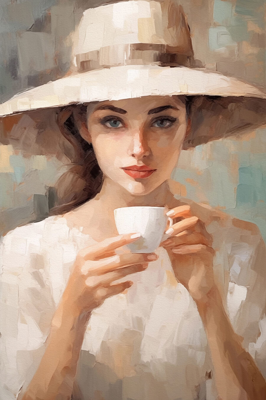 Femme portant un chapeau et tenant une tasse