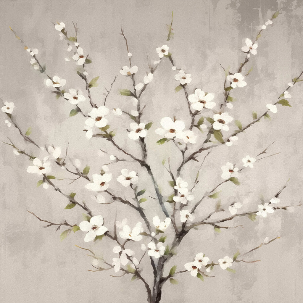 Painting of a tree with white flowers