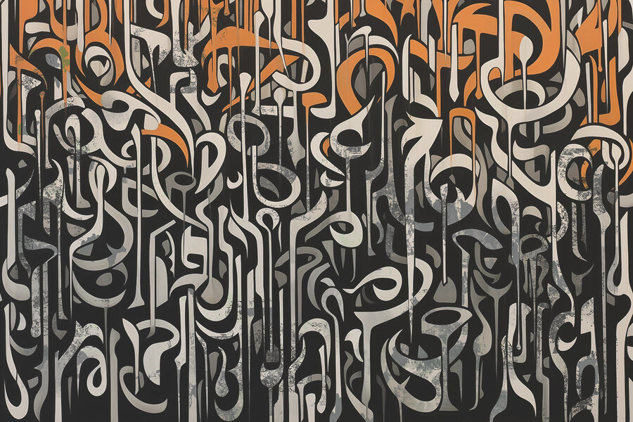 Art en noir et blanc avec des lignes orange et blanches