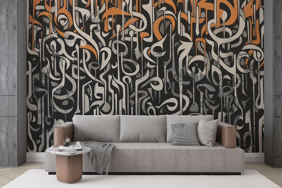 Art en noir et blanc avec des lignes orange et blanches