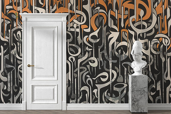 Art en noir et blanc avec des lignes orange et blanches Art en noir et blanc avec des lignes orange et blanches