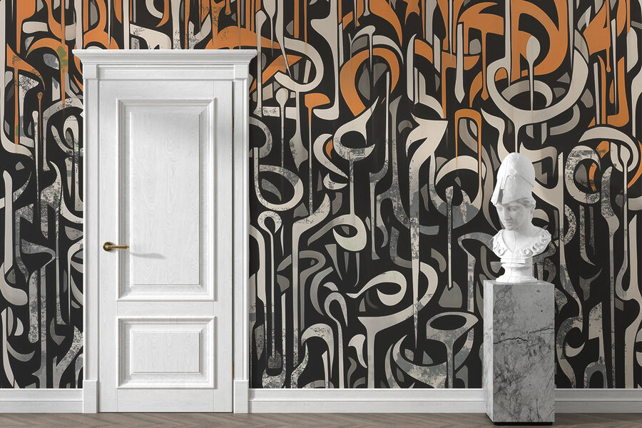 Art en noir et blanc avec des lignes orange et blanches