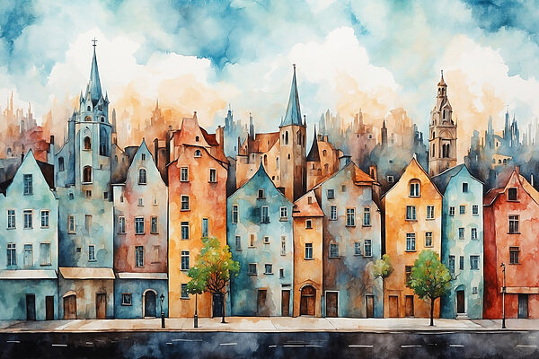 Aquarelle d'une rangée de bâtiments Aquarelle d'une rangée de bâtiments