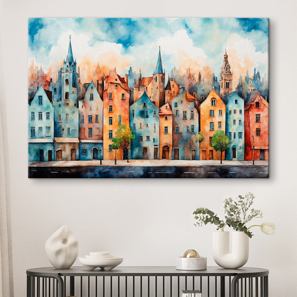 Watercolor of a row of buildings