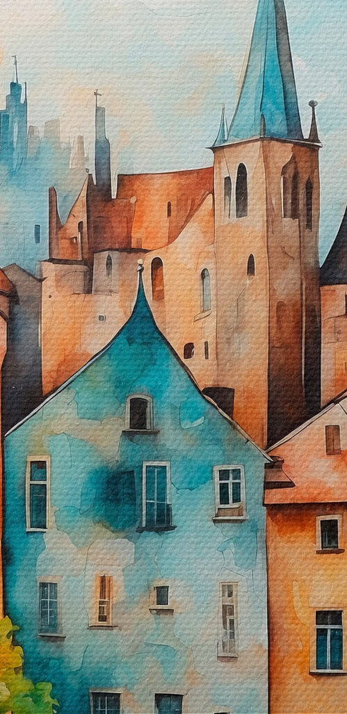 Watercolor of a row of buildings