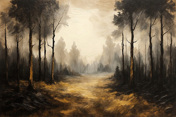 Painting of a forest with trees