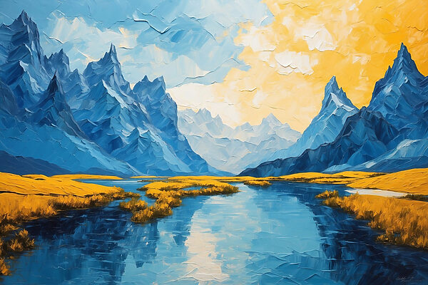 Peinture d'une rivière avec des montagnes et de l'herbe Peinture d'une rivière avec des montagnes et de l'herbe