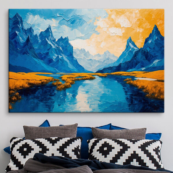 Peinture d'une rivière avec des montagnes et de l'herbe Peinture d'une rivière avec des montagnes et de l'herbe