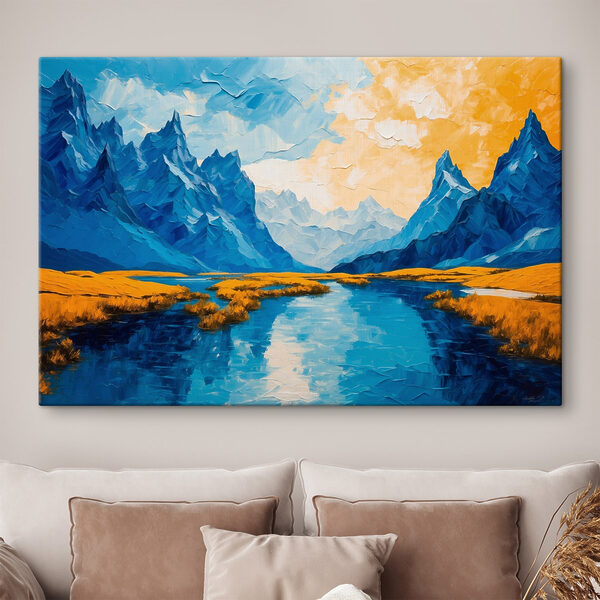 Peinture d'une rivière avec des montagnes et de l'herbe Peinture d'une rivière avec des montagnes et de l'herbe