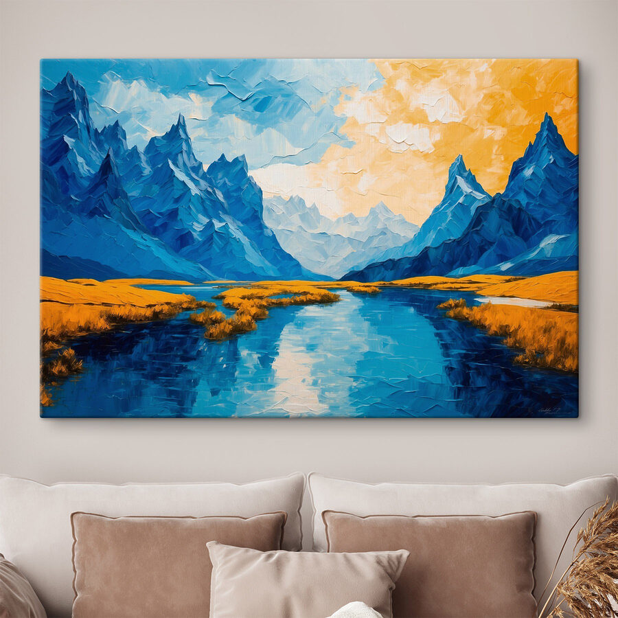 Peinture d'une rivière avec des montagnes et de l'herbe Peinture d'une rivière avec des montagnes et de l'herbe