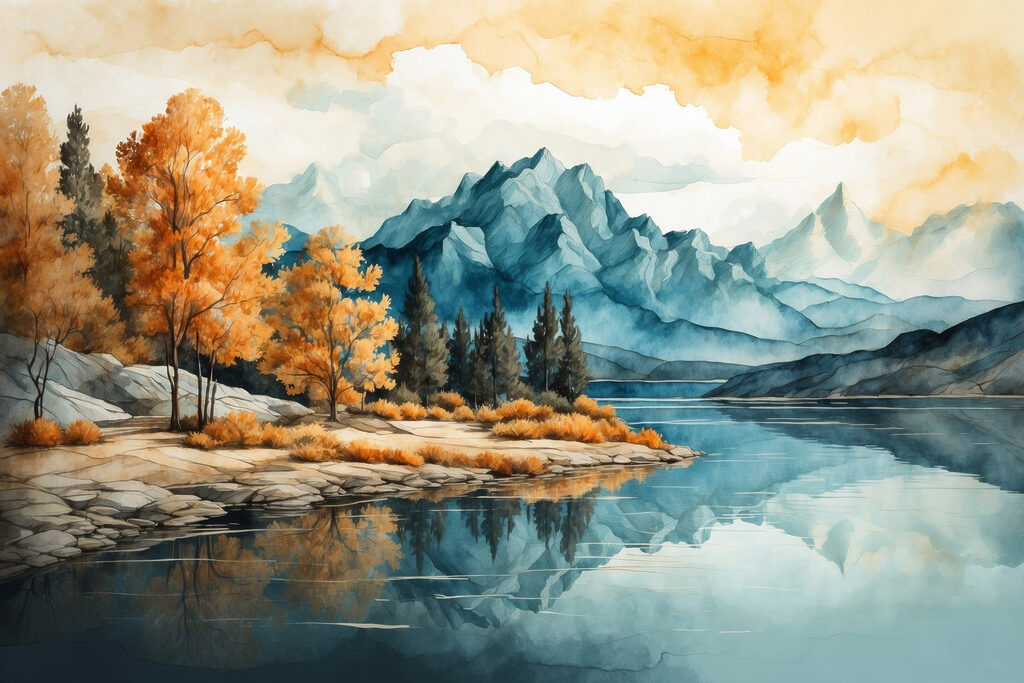 Watercolor painting of a lake with trees and mountains Watercolor painting of a lake with trees and mountains