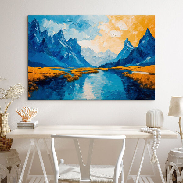 Peinture d'une rivière avec des montagnes et de l'herbe Peinture d'une rivière avec des montagnes et de l'herbe