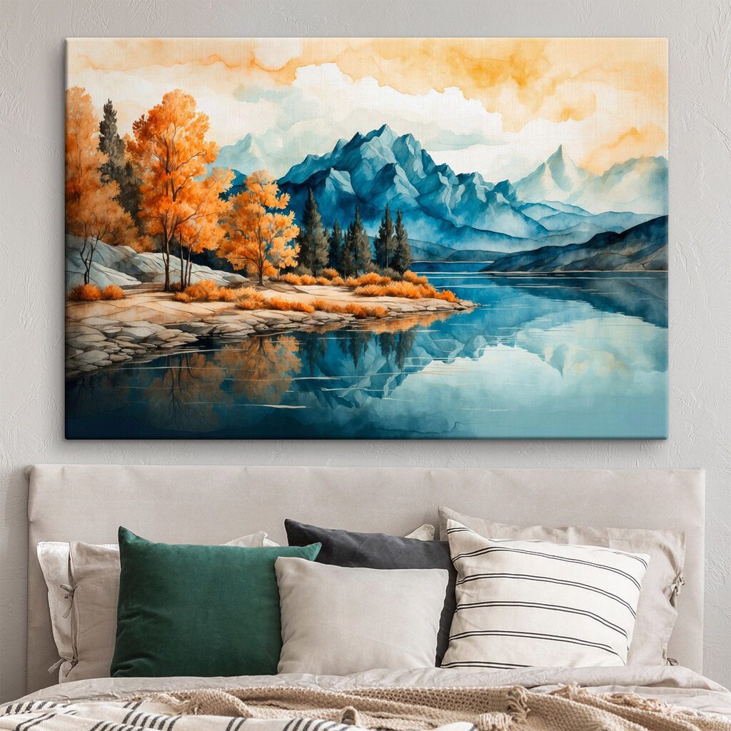 Watercolor painting of a lake with trees and mountains Watercolor painting of a lake with trees and mountains