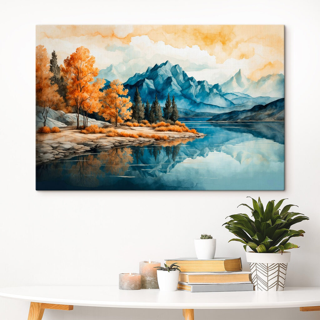 Watercolor painting of a lake with trees and mountains Watercolor painting of a lake with trees and mountains