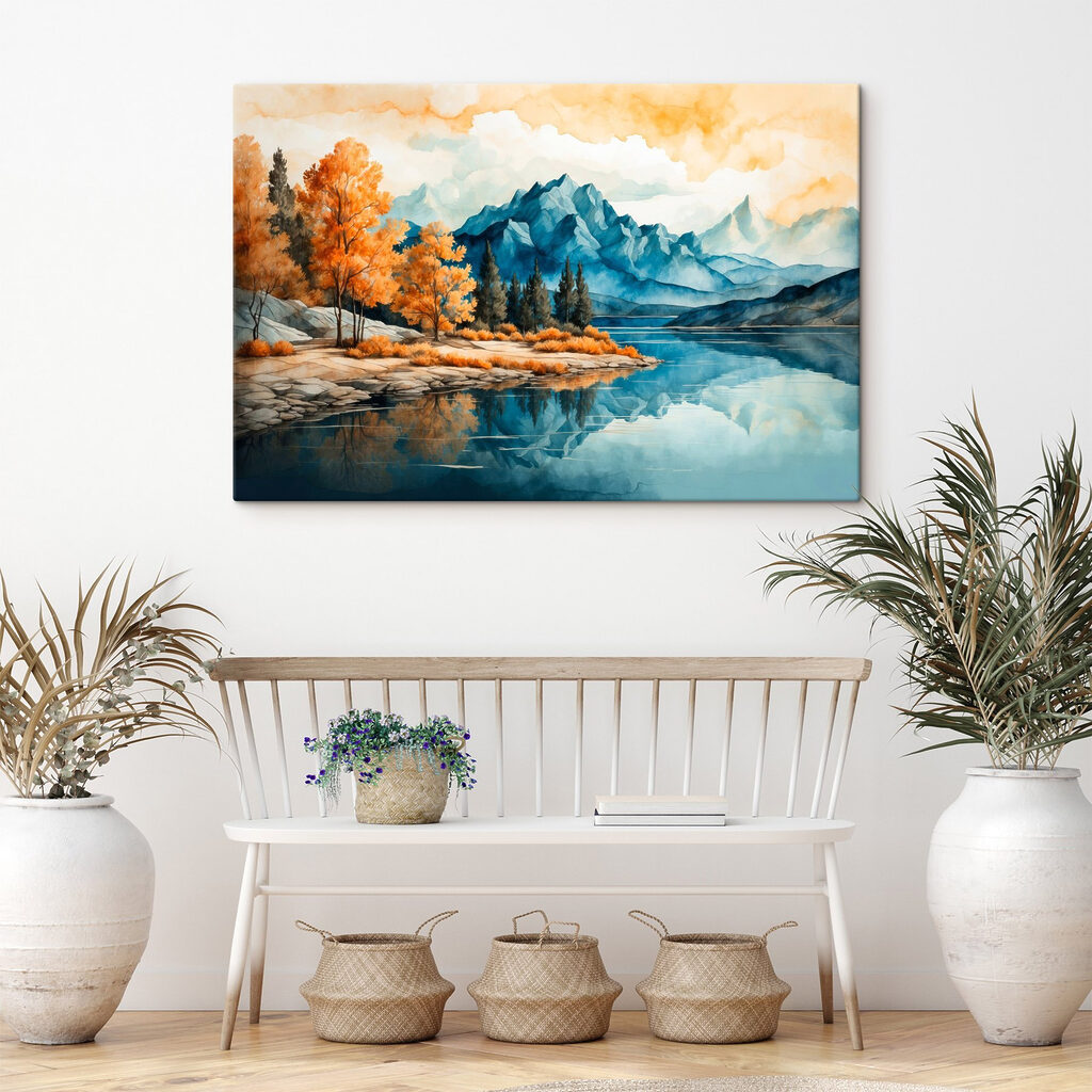 Watercolor painting of a lake with trees and mountains Watercolor painting of a lake with trees and mountains