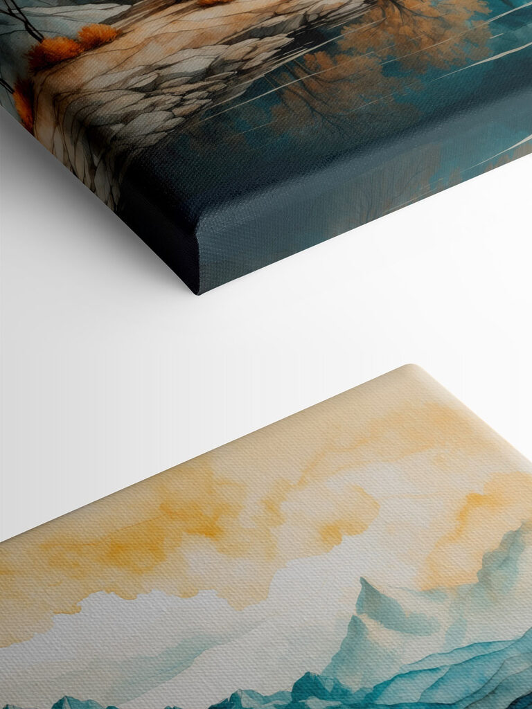 Watercolor painting of a lake with trees and mountains Watercolor painting of a lake with trees and mountains