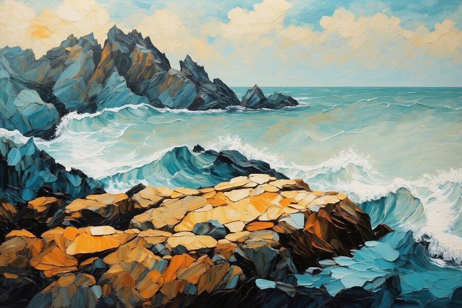 Tableaux Peinture de vagues s'écrasant sur des rochers – Image 8