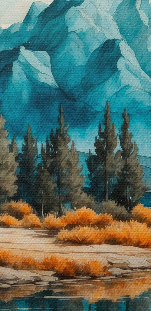 Watercolor painting of a lake with trees and mountains Watercolor painting of a lake with trees and mountains