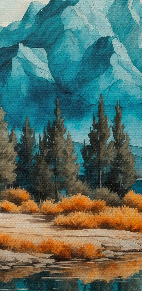 Aquarelle d'un lac avec arbres et montagnes Aquarelle d'un lac avec arbres et montagnes