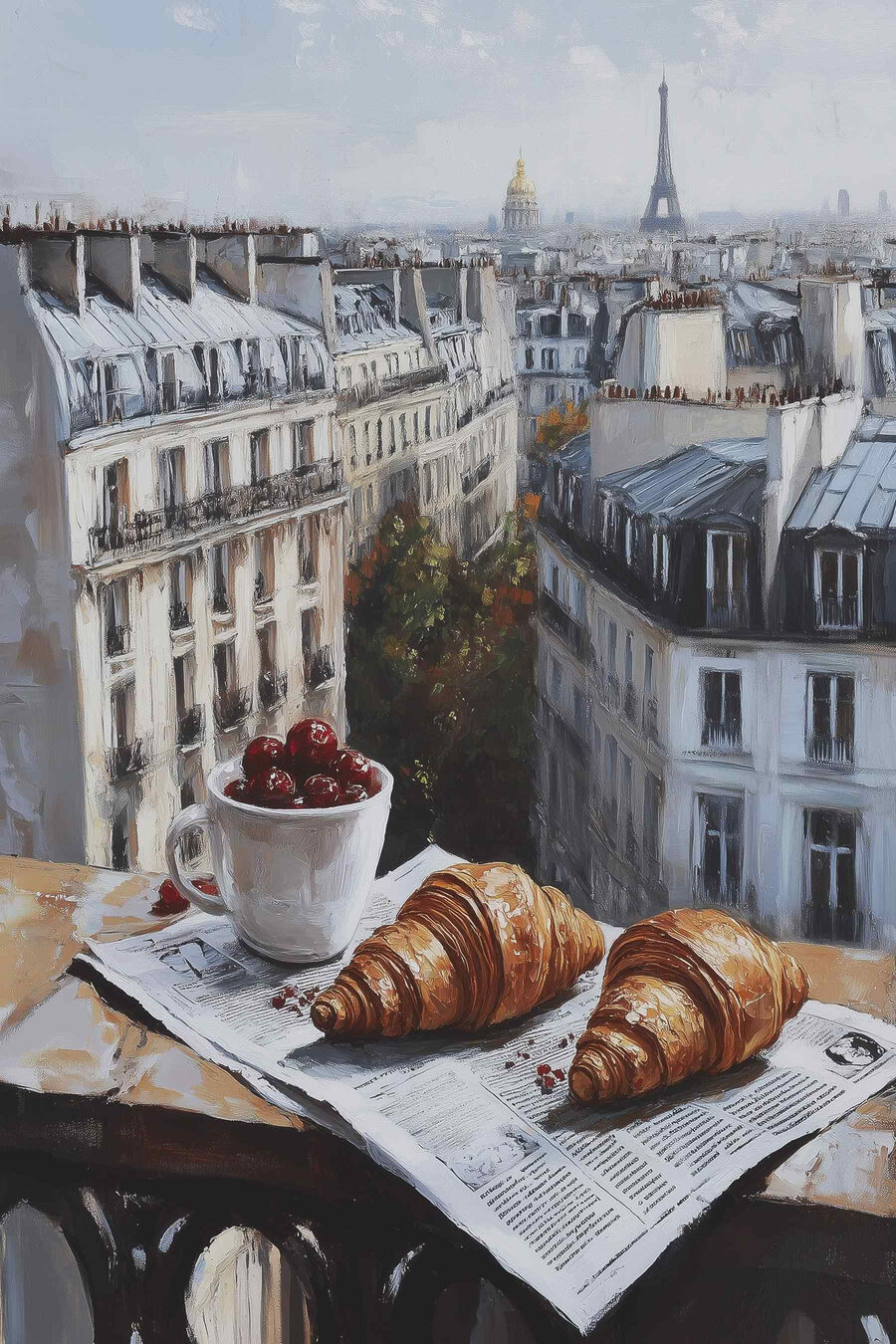 Tasse de café et croissants sur une table avec des bâtiments en arrière-plan
