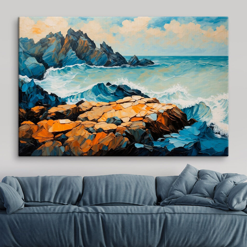 Painting of waves crashing on rocks Painting of waves crashing on rocks
