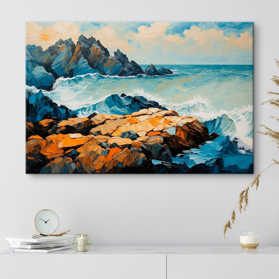 Tableaux Peinture de vagues s'écrasant sur des rochers – Image 3