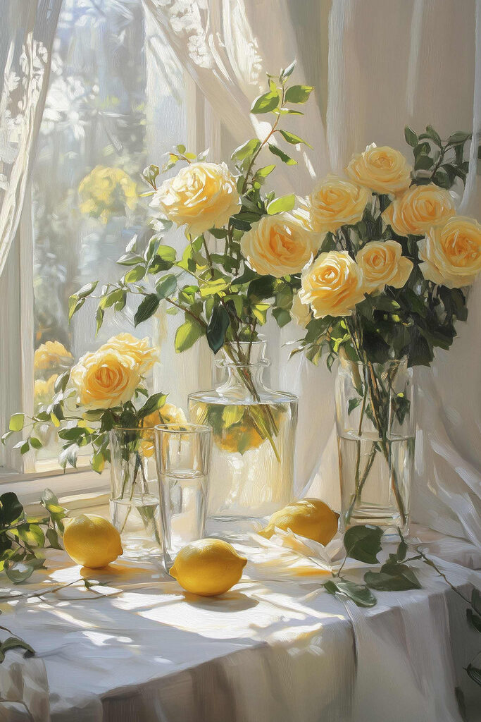 Yellow flowers in vases with lemons